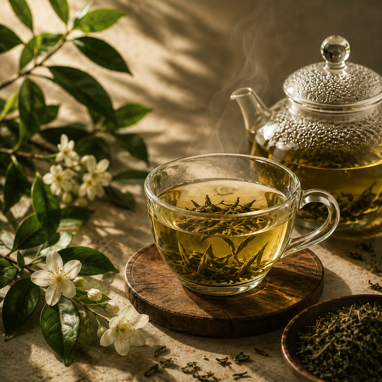 Tea with botanical leaves and flowers